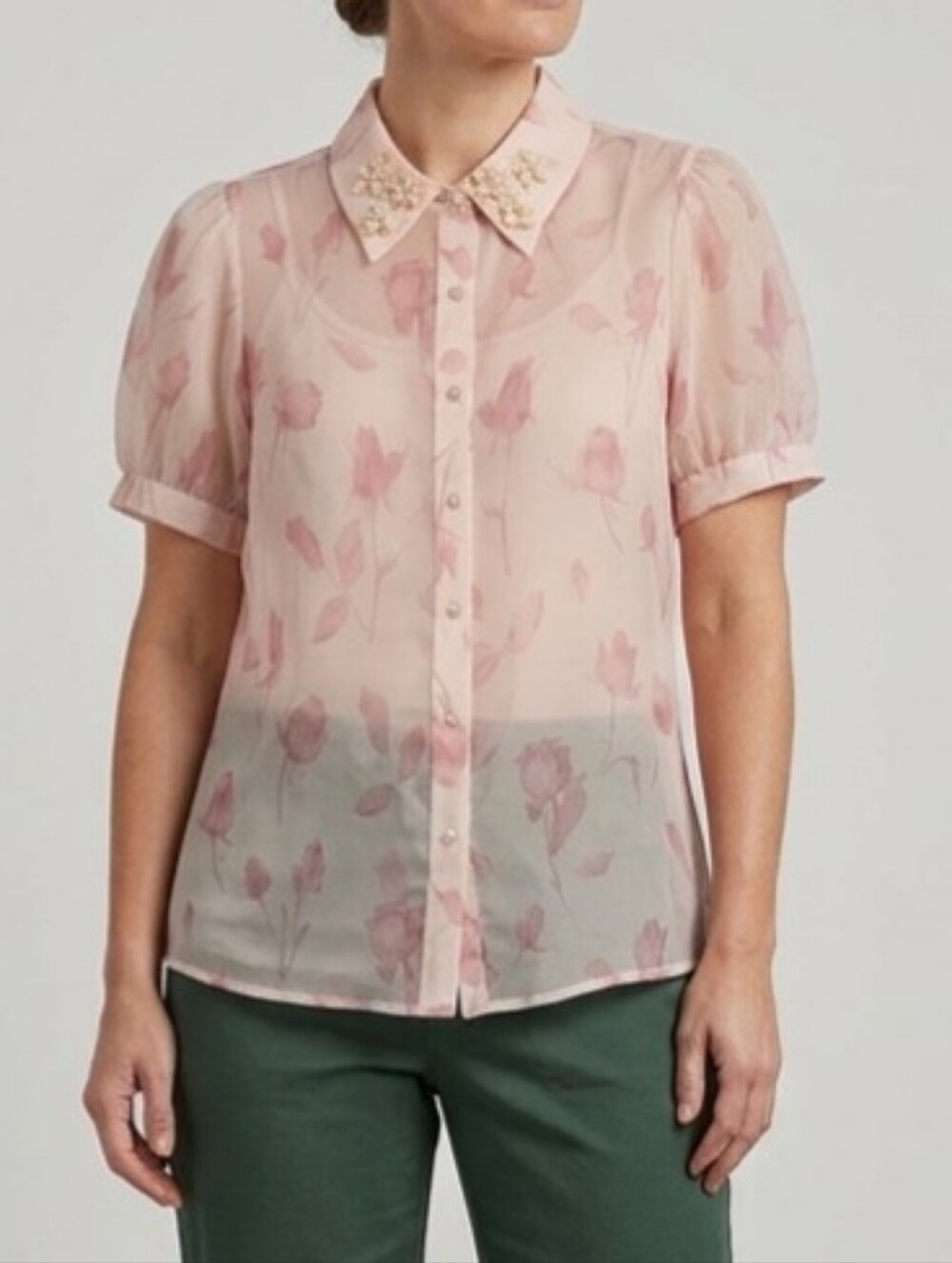 AliceBlue Women’s M Pink Floral Sheer Chiffon Collared Button Puff Sleeve Blouse